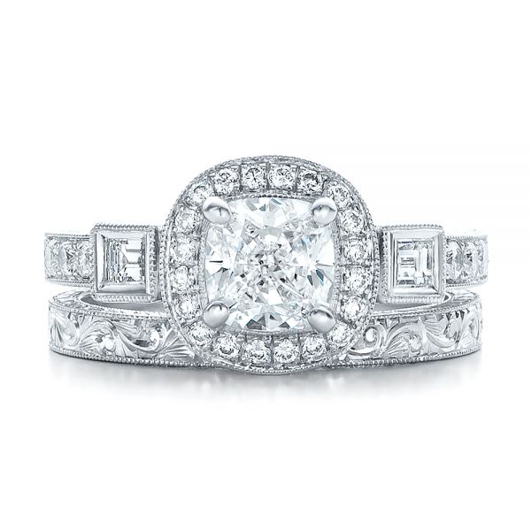 14k White Gold Custom Diamond Halo And Hand Engraved Engagement Ring - Top View -  100813