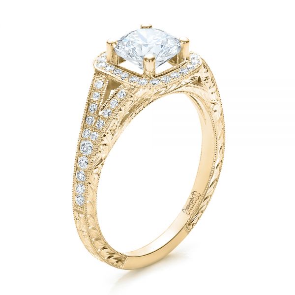 18k Yellow Gold 18k Yellow Gold Custom Diamond Halo And Hand Engraved Engagement Ring - Three-Quarter View -  100287