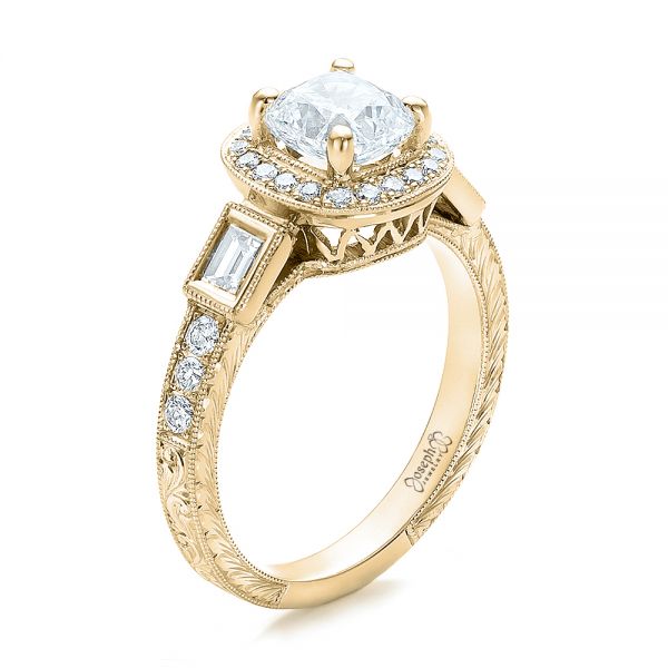 18k Yellow Gold 18k Yellow Gold Custom Diamond Halo And Hand Engraved Engagement Ring - Three-Quarter View -  100813