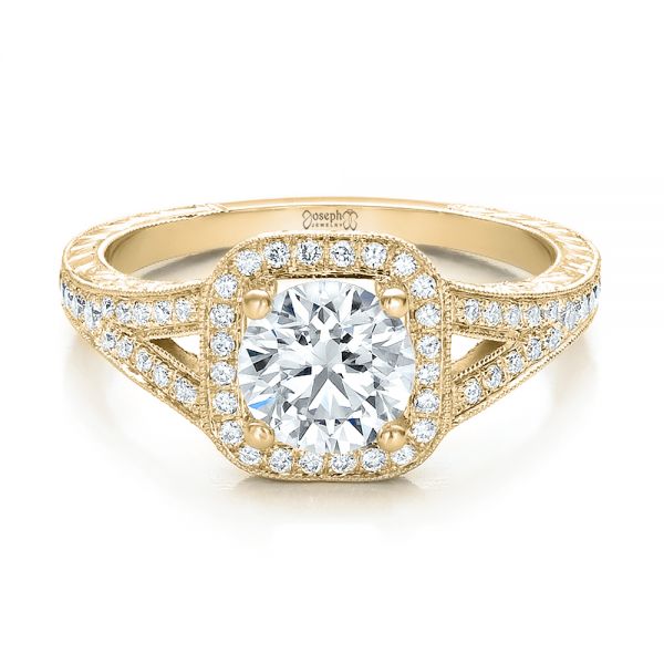 14k Yellow Gold 14k Yellow Gold Custom Diamond Halo And Hand Engraved Engagement Ring - Flat View - 100287