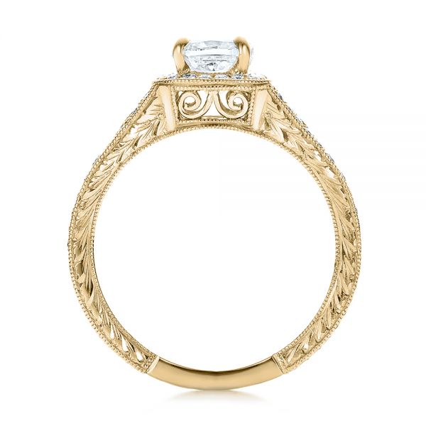 18k Yellow Gold 18k Yellow Gold Custom Diamond Halo And Hand Engraved Engagement Ring - Front View - 100277