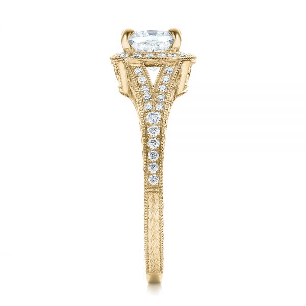 18k Yellow Gold 18k Yellow Gold Custom Diamond Halo And Hand Engraved Engagement Ring - Side View - 100277