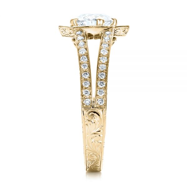 18k Yellow Gold 18k Yellow Gold Custom Diamond Halo And Hand Engraved Engagement Ring - Side View -  100714