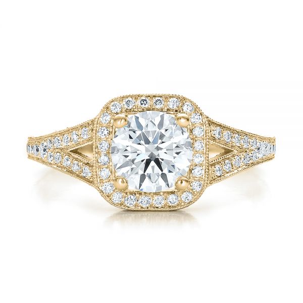 14k Yellow Gold 14k Yellow Gold Custom Diamond Halo And Hand Engraved Engagement Ring - Top View - 100287