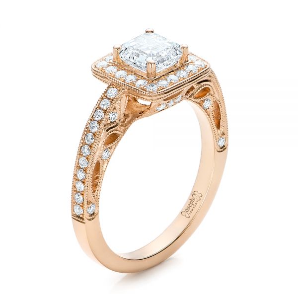 14k Rose Gold Custom Diamond Halo Engagement Ring - Three-Quarter View -  102098