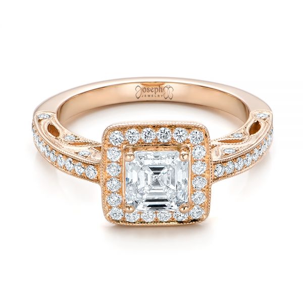 14k Rose Gold Custom Diamond Halo Engagement Ring - Flat View -  102098