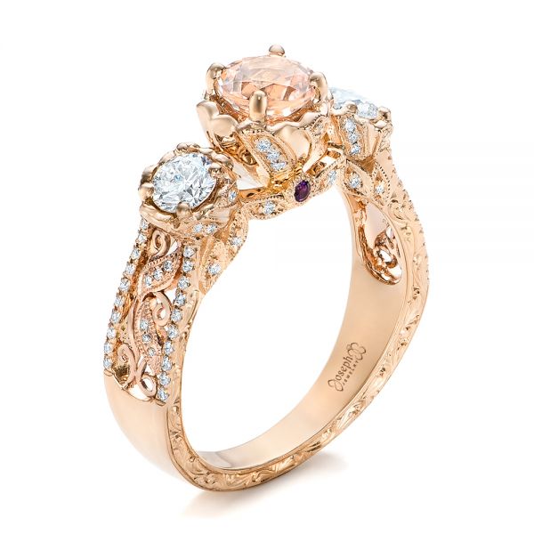 14k Rose Gold Custom Diamond Morganite And Amethyst Engagement Ring - Three-Quarter View -  102361