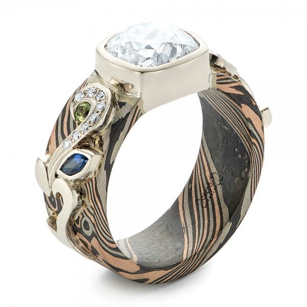 Custom Diamond Peridot Blue Sapphire And Mokume Engagement Ring - Three-Quarter View - 102389