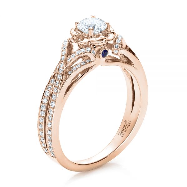 14k Rose Gold 14k Rose Gold Custom Diamond And Blue Sapphire Engagement Ring - Three-Quarter View -  100276