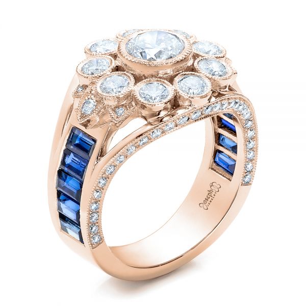 18k Rose Gold 18k Rose Gold Custom Diamond And Blue Sapphire Engagement Ring - Three-Quarter View -  101172