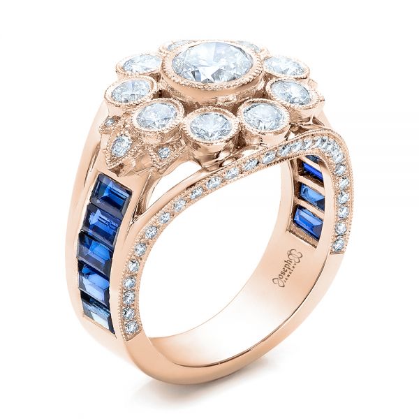 14k Rose Gold 14k Rose Gold Custom Diamond And Blue Sapphire Engagement Ring - Three-Quarter View - 101172
