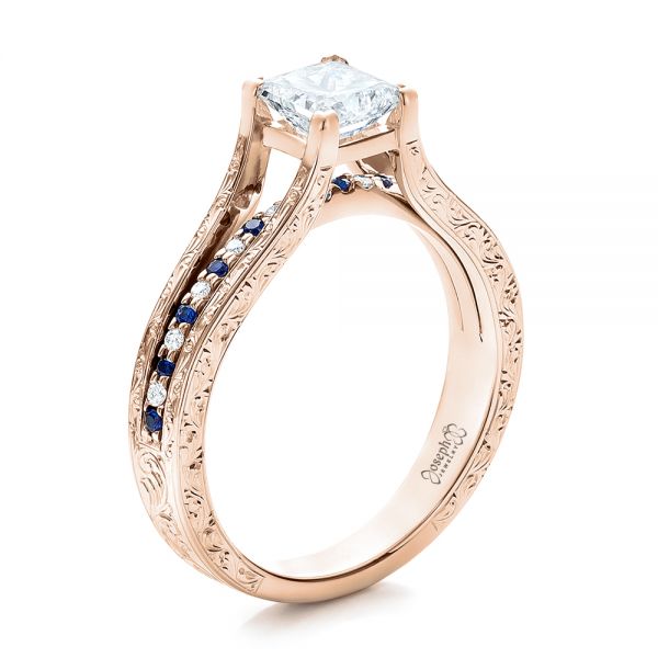 14k Rose Gold 14k Rose Gold Custom Diamond And Blue Sapphire Engagement Ring - Three-Quarter View -  102095