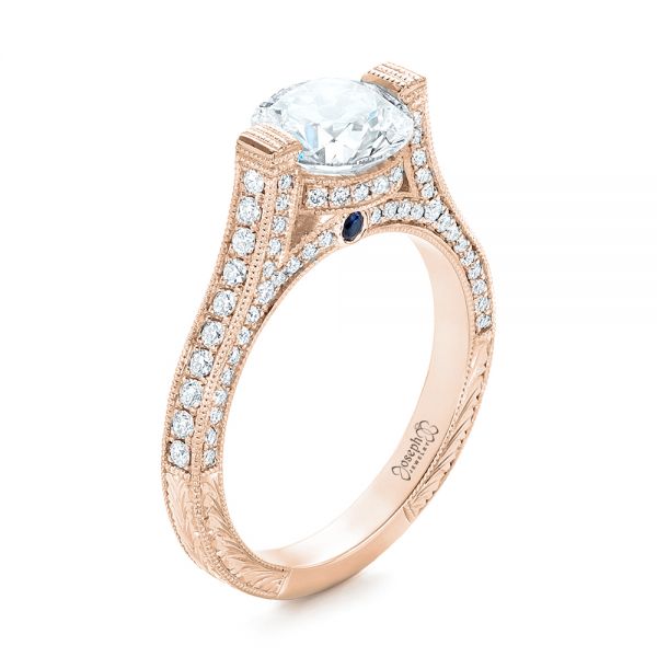 18k Rose Gold 18k Rose Gold Custom Diamond And Blue Sapphire Engagement Ring - Three-Quarter View -  102134