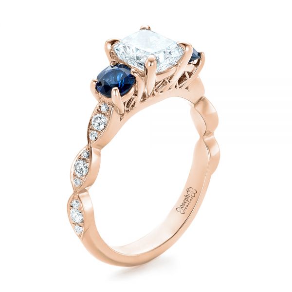 18k Rose Gold 18k Rose Gold Custom Diamond And Blue Sapphire Engagement Ring - Three-Quarter View -  102227