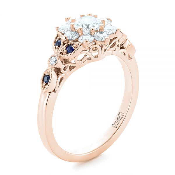 14k Rose Gold 14k Rose Gold Custom Diamond And Blue Sapphire Engagement Ring - Three-Quarter View - 102382