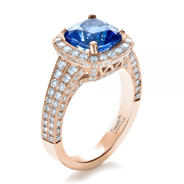 14k Rose Gold 14k Rose Gold Custom Diamond And Blue Sapphire Engagement Ring - Three-Quarter View -  1212