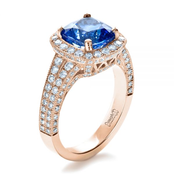 14k Rose Gold 14k Rose Gold Custom Diamond And Blue Sapphire Engagement Ring - Three-Quarter View - 1212