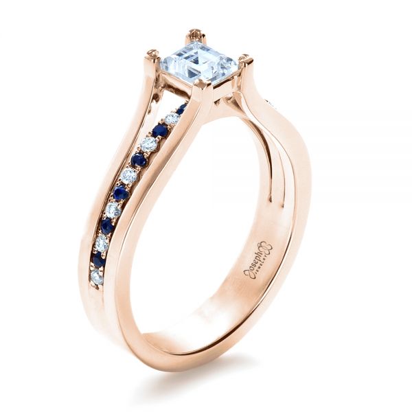 18k Rose Gold 18k Rose Gold Custom Diamond And Blue Sapphire Engagement Ring - Three-Quarter View - 1297