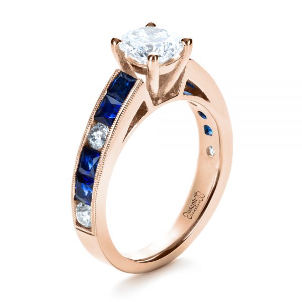 18k Rose Gold 18k Rose Gold Custom Diamond And Blue Sapphire Engagement Ring - Three-Quarter View -  1387