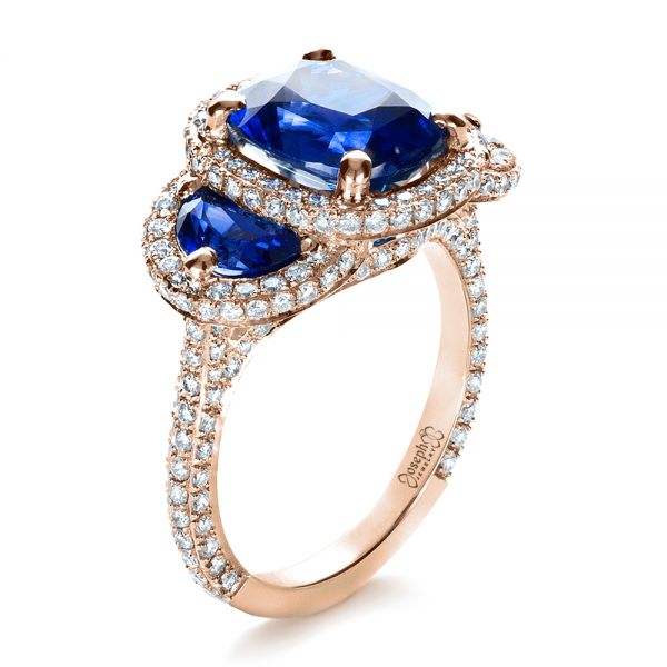 18k Rose Gold 18k Rose Gold Custom Diamond And Blue Sapphire Engagement Ring - Three-Quarter View -  1405