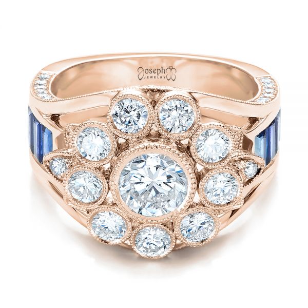 18k Rose Gold 18k Rose Gold Custom Diamond And Blue Sapphire Engagement Ring - Flat View -  101172