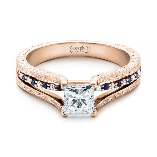 18k Rose Gold 18k Rose Gold Custom Diamond And Blue Sapphire Engagement Ring - Flat View -  102095