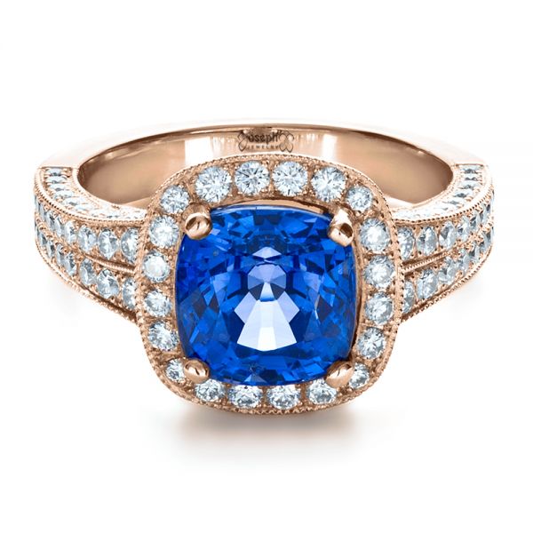 18k Rose Gold 18k Rose Gold Custom Diamond And Blue Sapphire Engagement Ring - Flat View -  1212