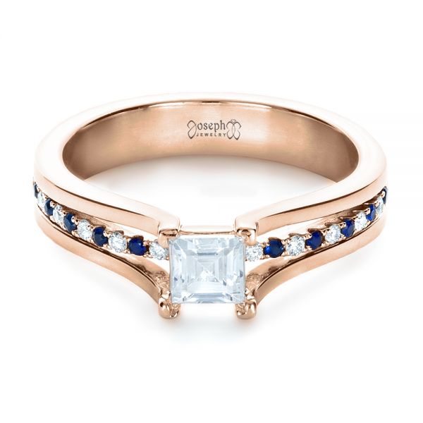 18k Rose Gold 18k Rose Gold Custom Diamond And Blue Sapphire Engagement Ring - Flat View - 1297