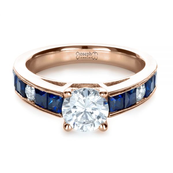 14k Rose Gold 14k Rose Gold Custom Diamond And Blue Sapphire Engagement Ring - Flat View -  1387