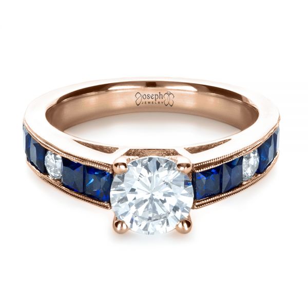 18k Rose Gold 18k Rose Gold Custom Diamond And Blue Sapphire Engagement Ring - Flat View - 1387