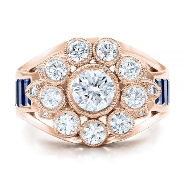 18k Rose Gold 18k Rose Gold Custom Diamond And Blue Sapphire Engagement Ring - Top View -  101172