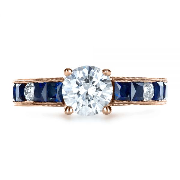 18k Rose Gold 18k Rose Gold Custom Diamond And Blue Sapphire Engagement Ring - Top View -  1387