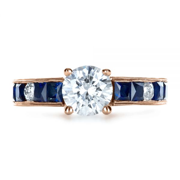 18k Rose Gold 18k Rose Gold Custom Diamond And Blue Sapphire Engagement Ring - Top View - 1387