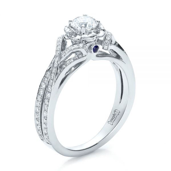 14k White Gold Custom Diamond And Blue Sapphire Engagement Ring - Three-Quarter View -  100276