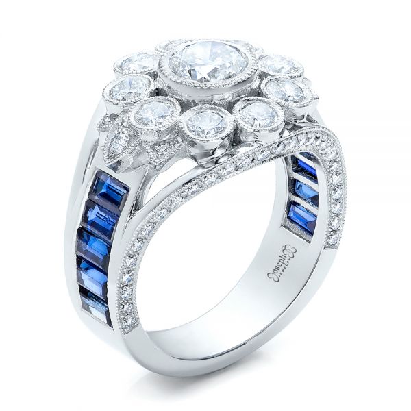  Platinum Custom Diamond And Blue Sapphire Engagement Ring - Three-Quarter View -  101172