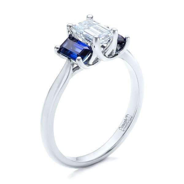 14k White Gold Custom Diamond And Blue Sapphire Engagement Ring - Three-Quarter View -  102031