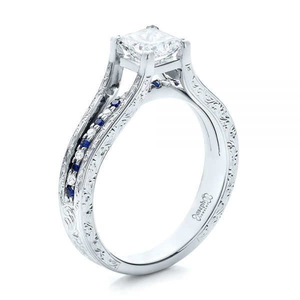 18k White Gold 18k White Gold Custom Diamond And Blue Sapphire Engagement Ring - Three-Quarter View -  102095