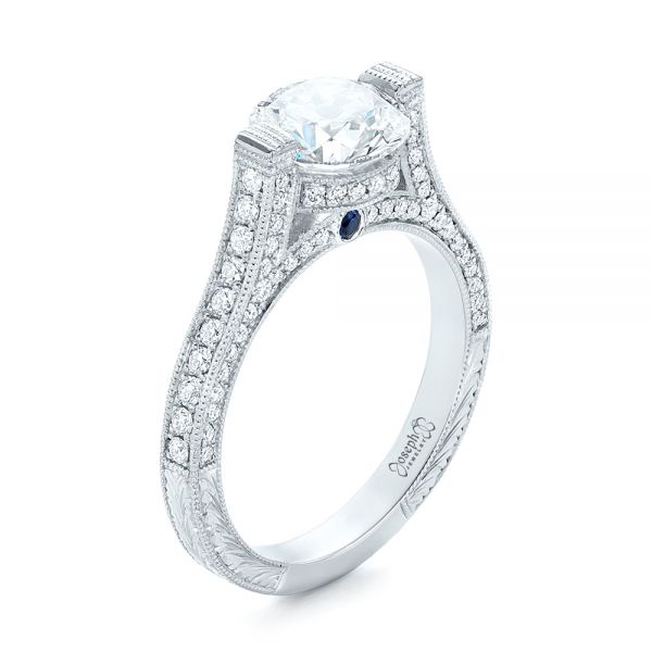  Platinum Custom Diamond And Blue Sapphire Engagement Ring - Three-Quarter View -  102134