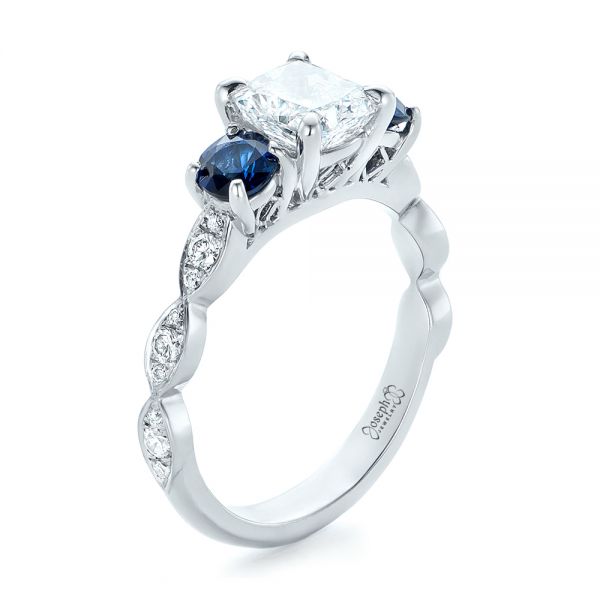  Platinum Custom Diamond And Blue Sapphire Engagement Ring - Three-Quarter View -  102227