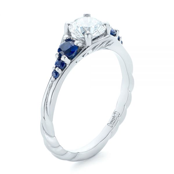  Platinum Custom Diamond And Blue Sapphire Engagement Ring - Three-Quarter View -  102336