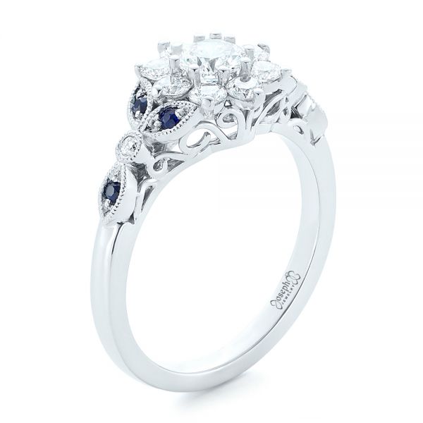 14k White Gold Custom Diamond And Blue Sapphire Engagement Ring - Three-Quarter View -  102382