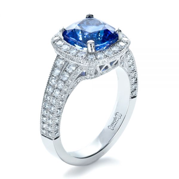 18k White Gold 18k White Gold Custom Diamond And Blue Sapphire Engagement Ring - Three-Quarter View -  1212