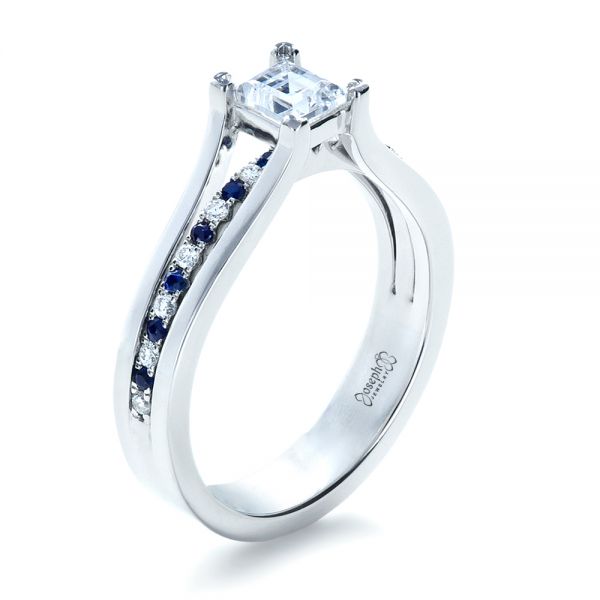  Platinum Custom Diamond And Blue Sapphire Engagement Ring - Three-Quarter View -  1297