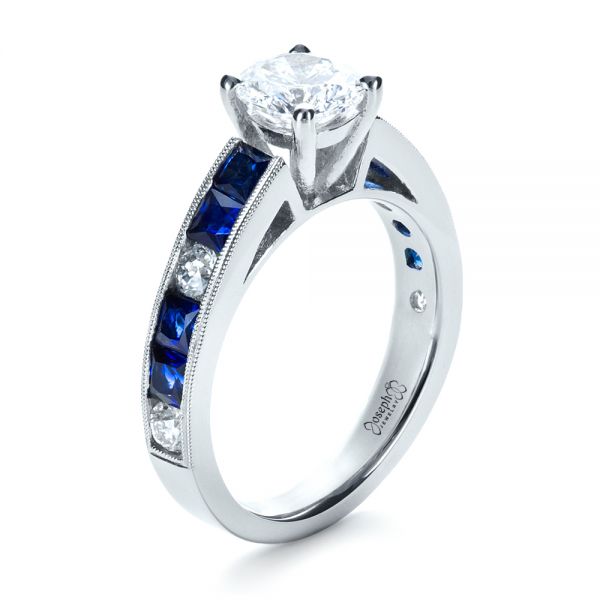 18k White Gold Custom Diamond And Blue Sapphire Engagement Ring - Three-Quarter View - 1387