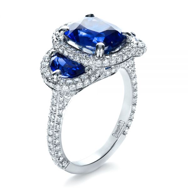  Platinum Custom Diamond And Blue Sapphire Engagement Ring - Three-Quarter View -  1405