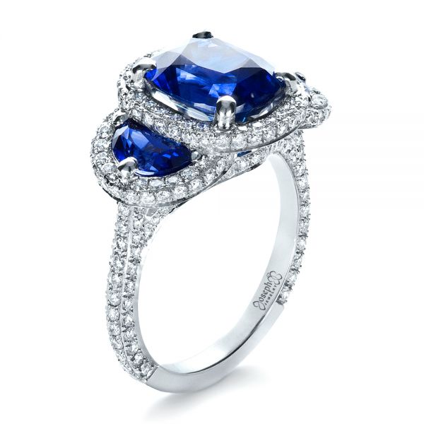 Platinum Custom Diamond And Blue Sapphire Engagement Ring - Three-Quarter View - 1405