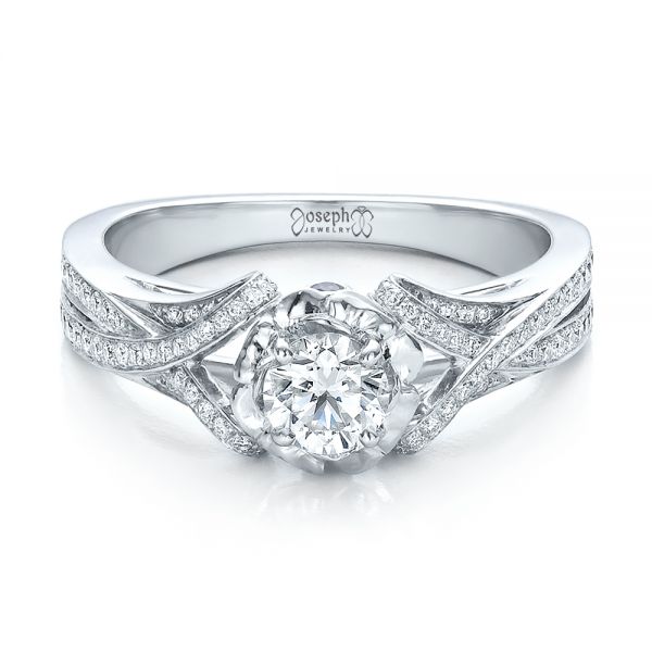 14k White Gold Custom Diamond And Blue Sapphire Engagement Ring - Flat View -  100276