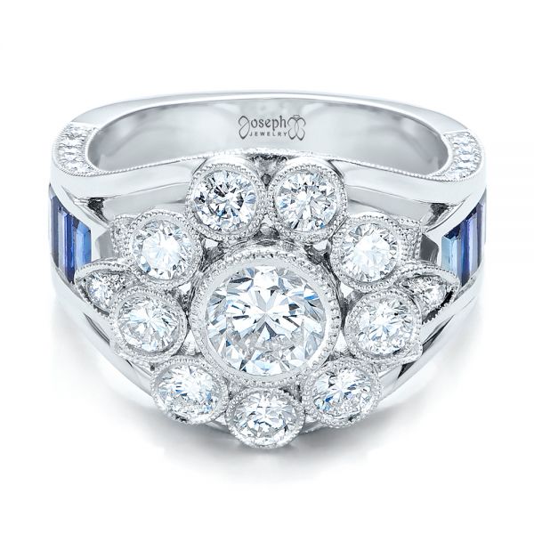  Platinum Custom Diamond And Blue Sapphire Engagement Ring - Flat View -  101172