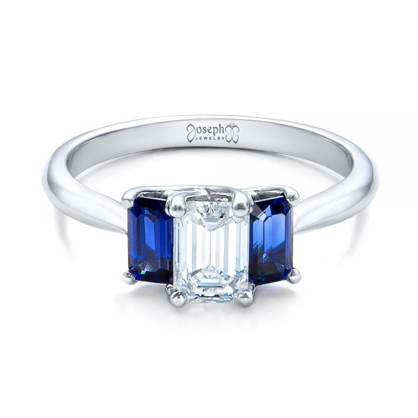 14k White Gold Custom Diamond And Blue Sapphire Engagement Ring - Flat View -  102031