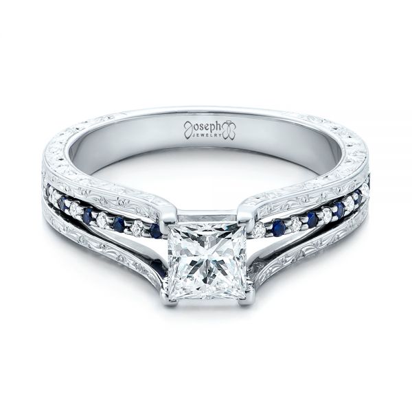 14k White Gold Custom Diamond And Blue Sapphire Engagement Ring - Flat View -  102095